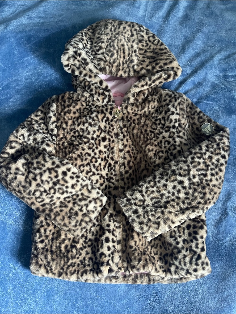 Xhilaration Leopard Print Faux Fur Hooded Jacket with Pink Lining